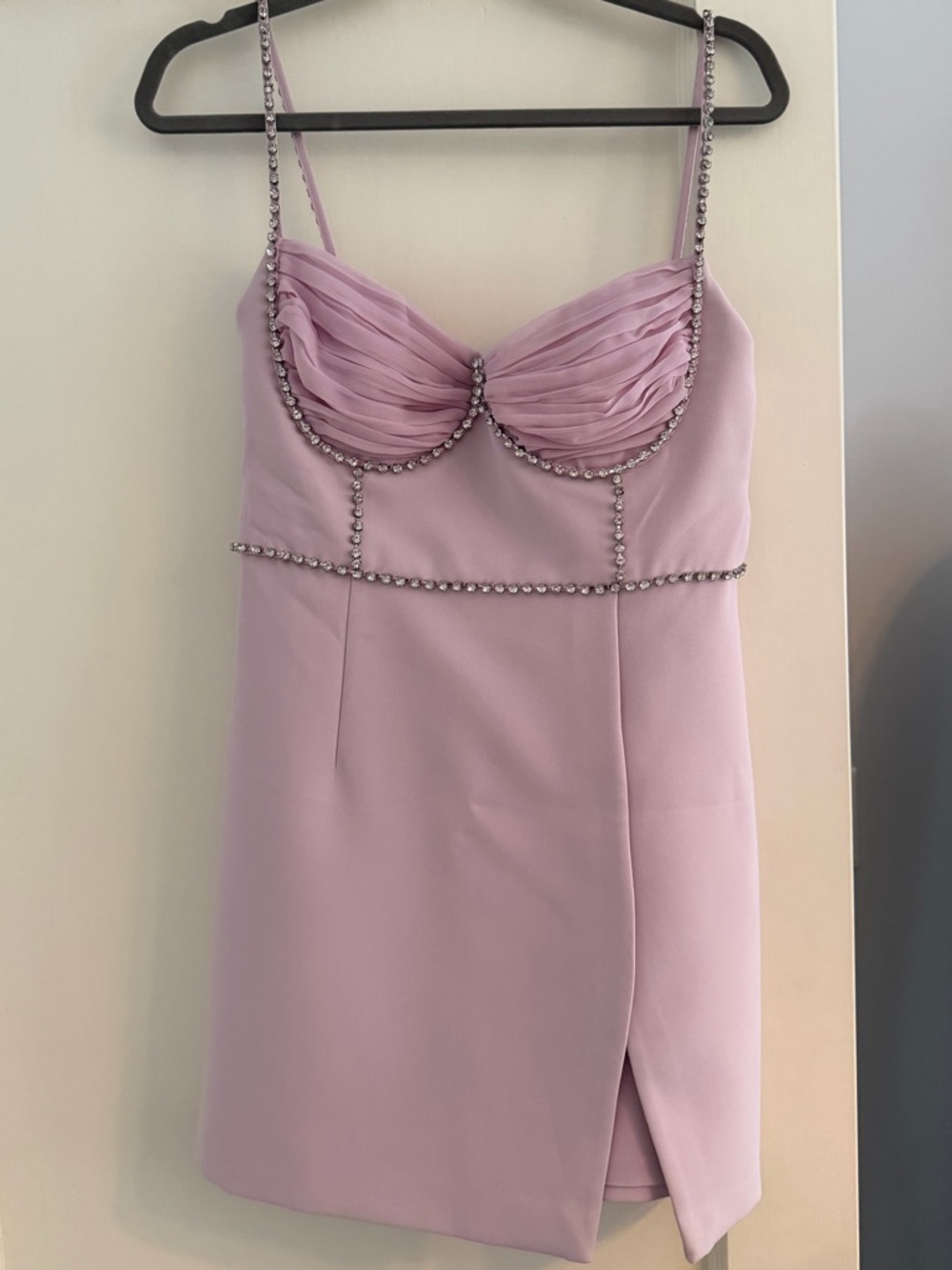 Lilac Ruched Bust Mini Dress with Crystal Embellishments